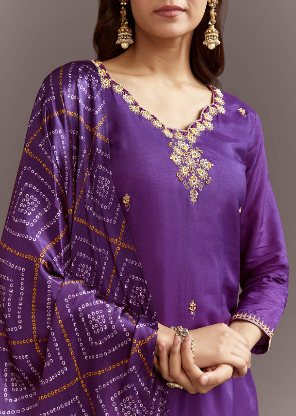 Purple Dola Silk Kurta Set With Bandhani Satin Dupatta