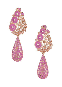 Purple Earrings With Floral Carving, Crystals And Stone In Tear Drop Motif Online - Kalki Fashion