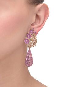 Purple Earrings With Floral Carving, Crystals And Stone In Tear Drop Motif Online - Kalki Fashion