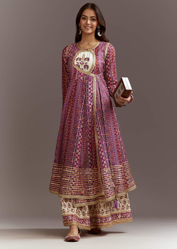 Purple Floral Printed Cotton Angrakha Style Jacket Kurta Set