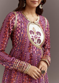 Purple Floral Printed Cotton Angrakha Style Jacket Kurta Set