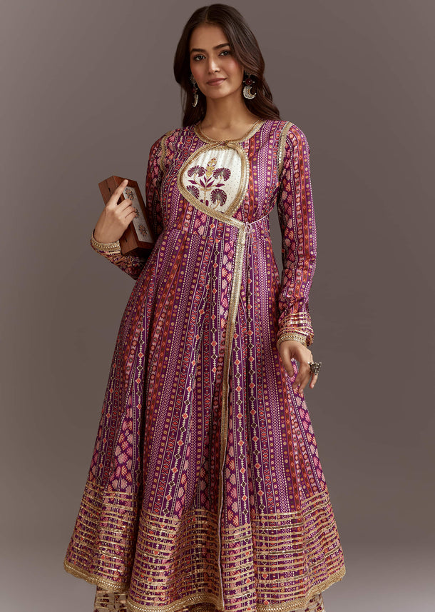 Purple Floral Printed Cotton Angrakha Style Jacket Kurta Set