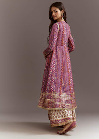 Purple Floral Printed Cotton Angrakha Style Jacket Kurta Set