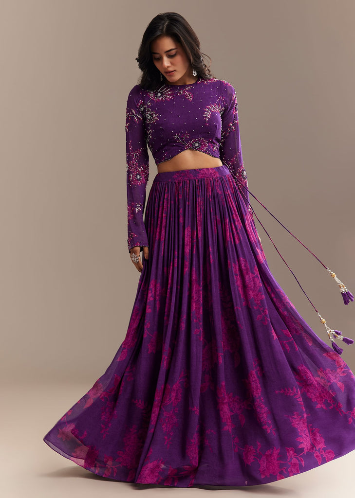 Purple Georgette Floral Printed Lehenga Set