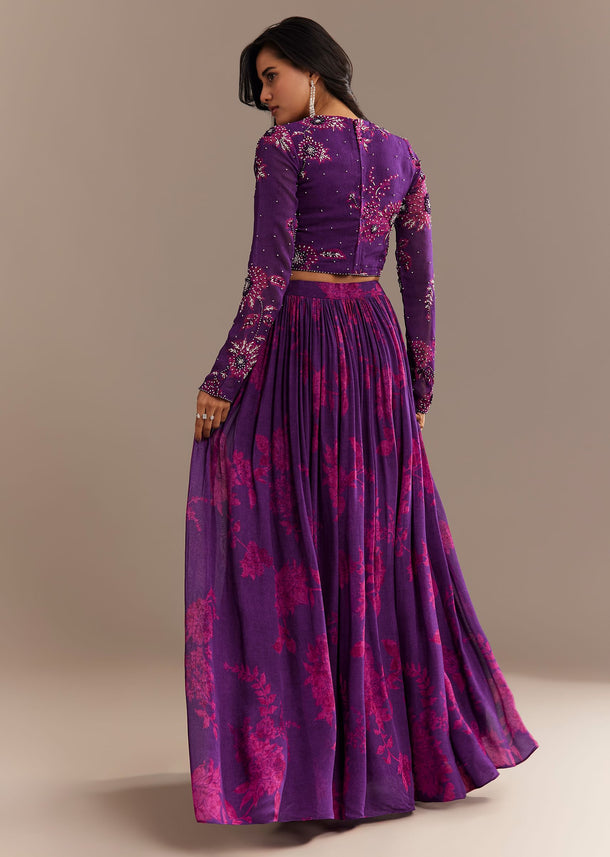 Purple Georgette Floral Printed Lehenga Set