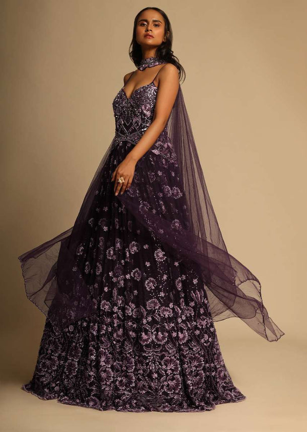 Purple Gown In Net With Resham And Sequins Embroidered Intricate Floral Motifs Cascading Down To The Hemline Online - Kalki Fashion