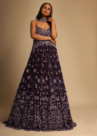 Purple Gown In Net With Resham And Sequins Embroidered Intricate Floral Motifs Cascading Down To The Hemline Online - Kalki Fashion