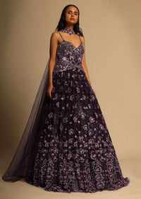 Purple Gown In Net With Resham And Sequins Embroidered Intricate Floral Motifs Cascading Down To The Hemline Online - Kalki Fashion