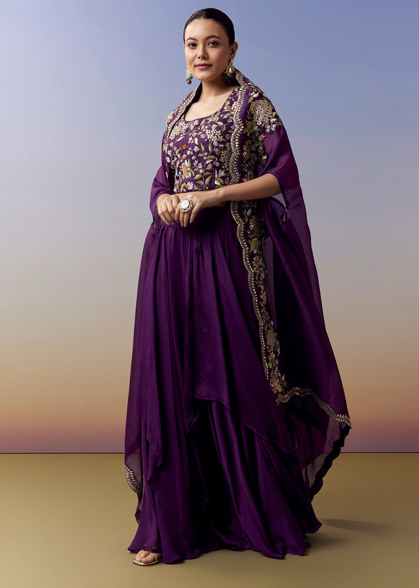 Purple Indo Western Crop Top Skirt Set With Parsi Work