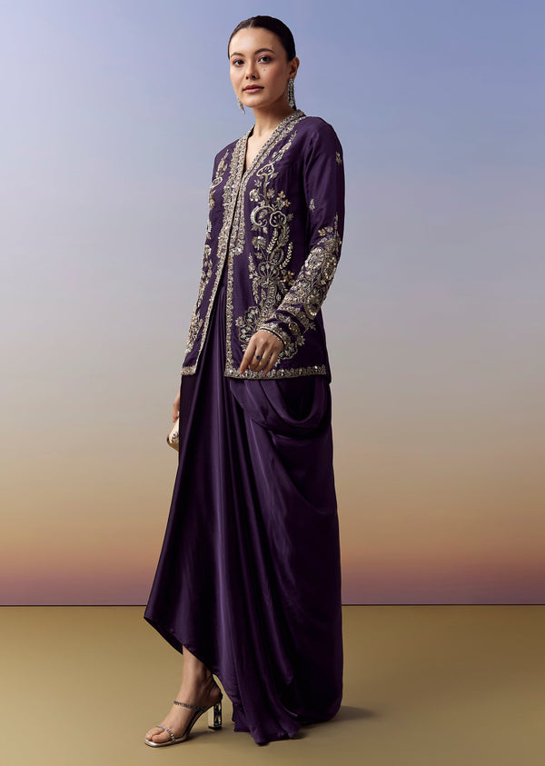 Purple Indo Western Crop Top Skirt Set With Zardosi Sequins Work