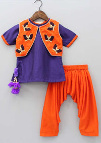 Purple Kurta Matched With Orange Jacket In Butterfly Motif Embroidery Online - Kalki Fashion