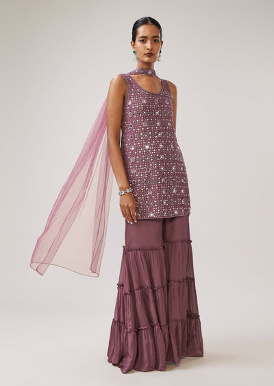 Purple Mirror Cut Dana Sharara Suit With Dupatta