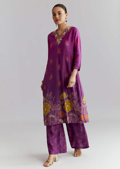 Purple Ombre Crepe Palazzo Suit With Floral Print