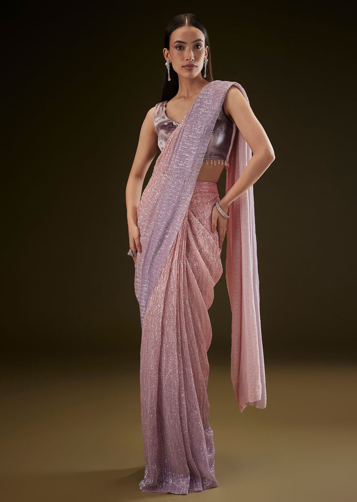 Purple Ombre Ready Draped Sequin Saree With Fancy Blouse