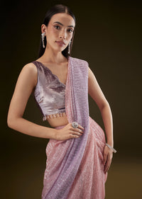 Purple Ombre Ready Draped Sequin Saree With Fancy Blouse