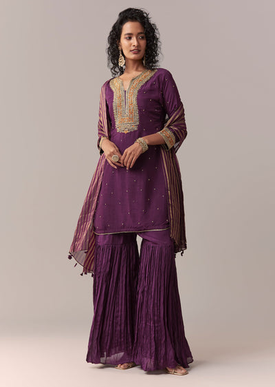 Purple Pakistani-Style Zardosi Sharara Set With Dupatta