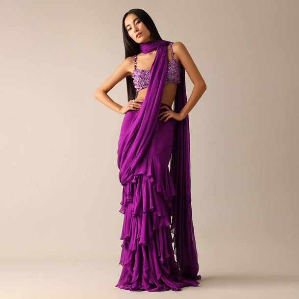 Purple Pre-Draped Layered Frill Saree with Embroidered Blouse - DEME X KALKI