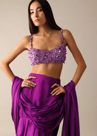 Purple Pre-Draped Layered Frill Saree with Embroidered Blouse - DEME X KALKI