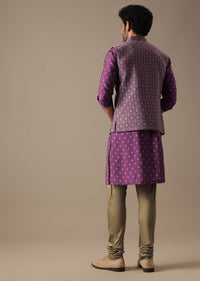 Purple Printed Bundi And Kurta Set In Silk