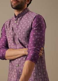 Purple Printed Bundi And Kurta Set In Silk