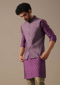 Purple Printed Bundi And Kurta Set In Silk