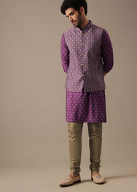 Purple Printed Bundi And Kurta Set In Silk