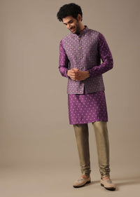 Purple Printed Bundi And Kurta Set In Silk