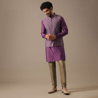 Purple Printed Bundi And Kurta Set In Silk