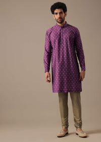 Purple Printed Bundi And Kurta Set In Silk