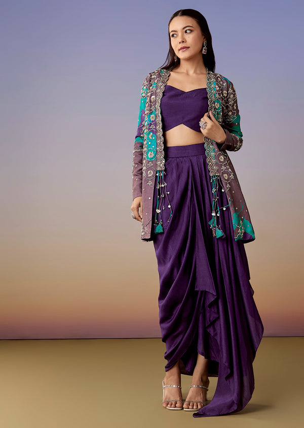Purple Printed Cape Jacket Skirt Set
