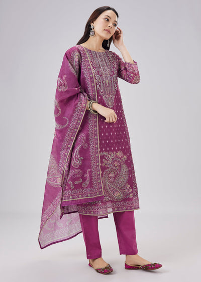 Purple Printed Chanderi Kurta Set With Dupatta