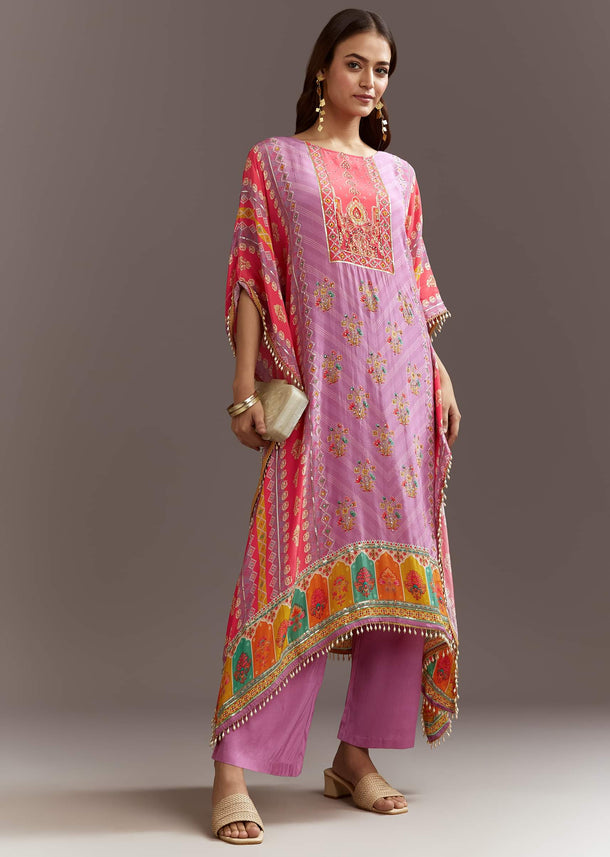 Purple Printed Crepe Kaftaan Kurta Pant