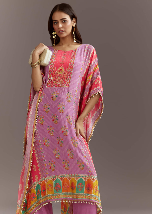 Purple Printed Crepe Kaftaan Kurta Pant