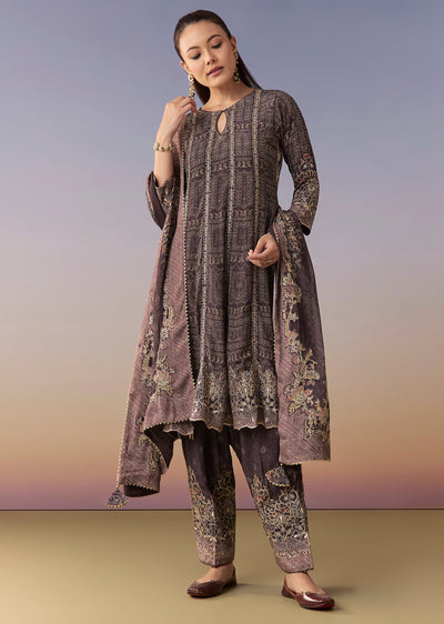 Purple Printed Patiala Suit Set With Dupatta