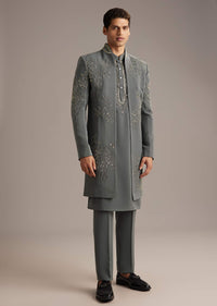 Purple Rayon Indo Western Set For Men With Heavy Hand Embroidery