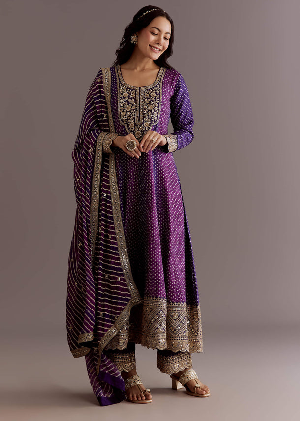 Purple Russian Silk Bandhani Anarkali Suit With Leheriya Dupatta