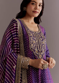 Purple Russian Silk Bandhani Anarkali Suit With Leheriya Dupatta