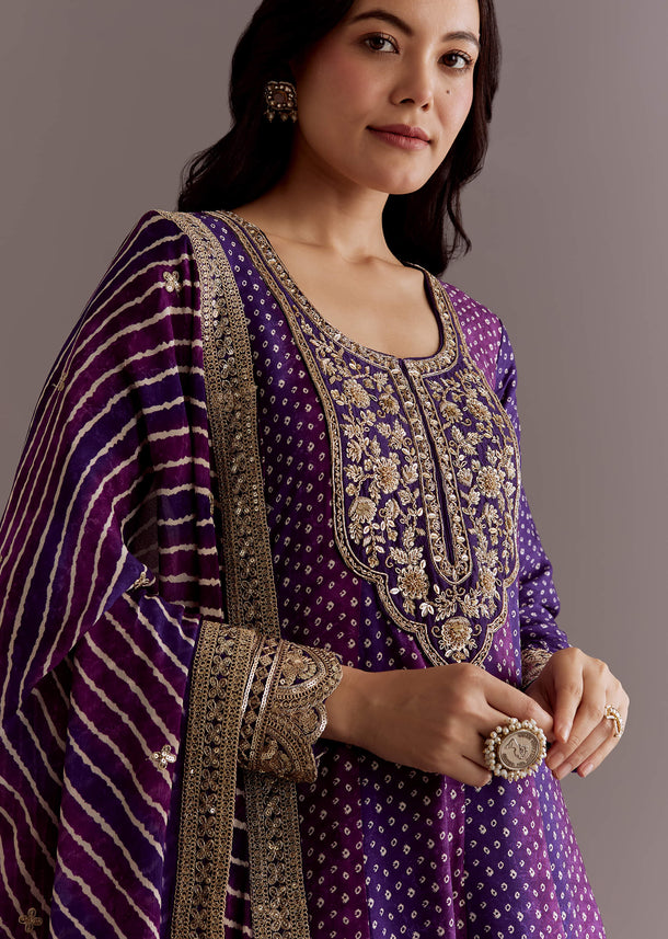 Purple Russian Silk Bandhani Anarkali Suit With Leheriya Dupatta