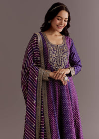 Purple Russian Silk Bandhani Anarkali Suit With Leheriya Dupatta