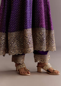 Purple Russian Silk Bandhani Anarkali Suit With Leheriya Dupatta