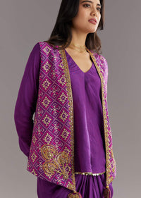 Purple Russian Silk Jacket Set With Zardosi Border and Fancy Pleated Skirt