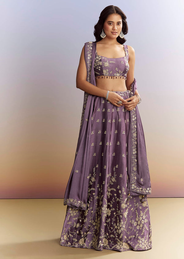 Purple Satin Bridesmaid Lehenga With Heavy Embroidery