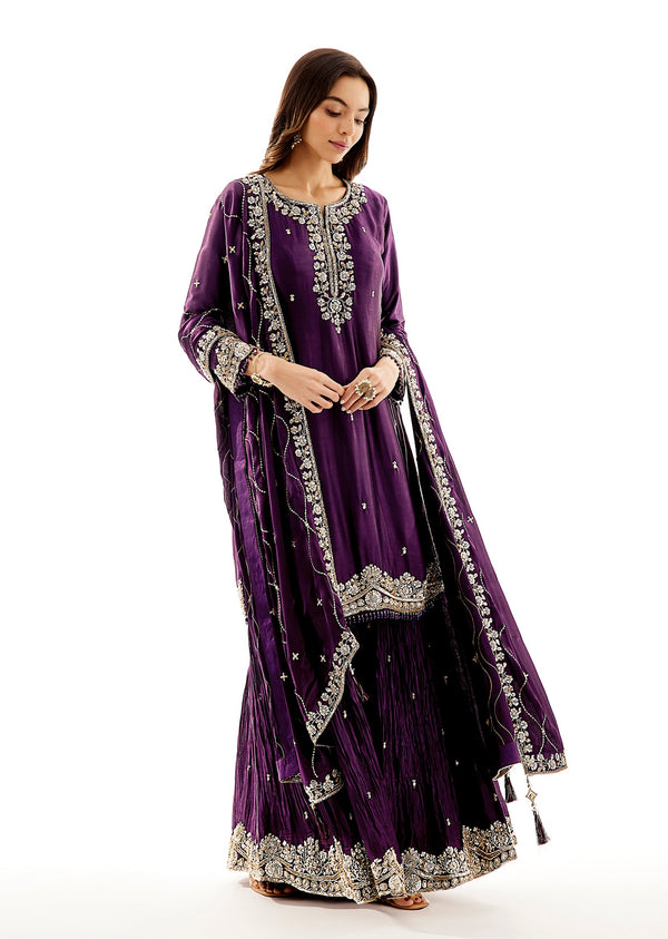 Purple Satin Palazzo Dupatta Set With Cutdana And Sequins Work
