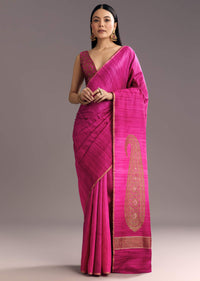Purple Shaded Kora Silk Handloom Saree With Woven Traditional Motif