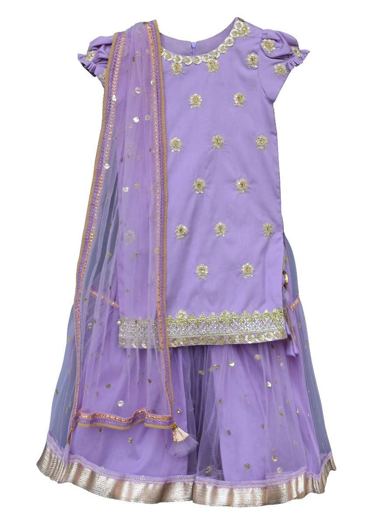 Purple Sharara Suit In Cotton Silk With Embroidered Buttis And Puffed Cap Sleeves By Fayon Kids