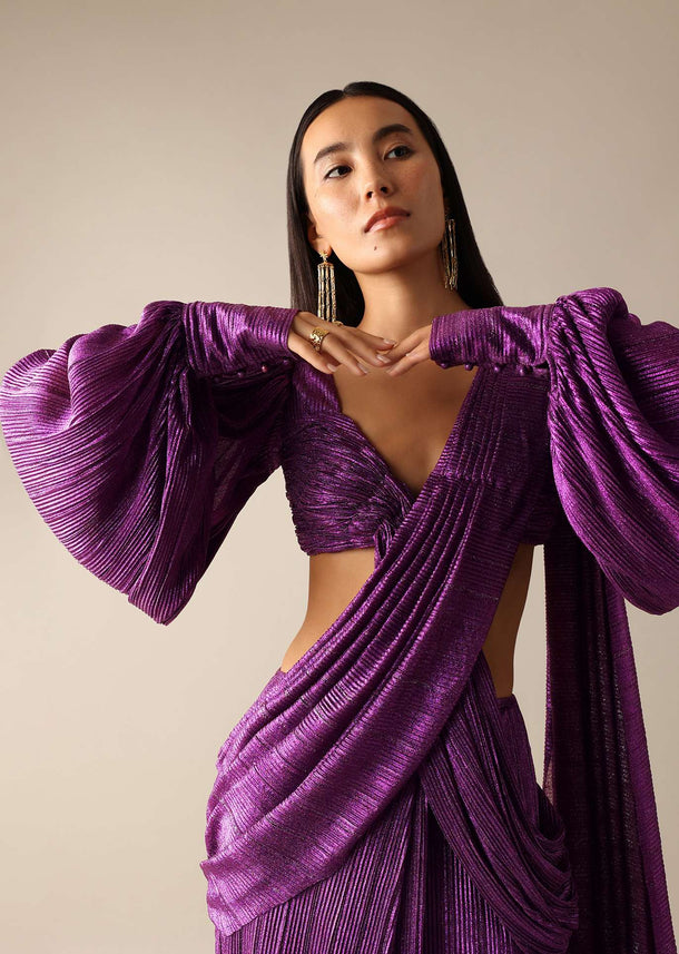 Purple Shimmer Pre-Draped Saree Gown
