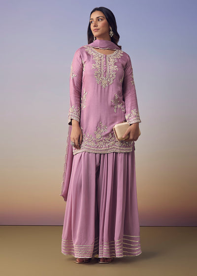 Purple Silk Embroidered Kurta and Palazzo Set