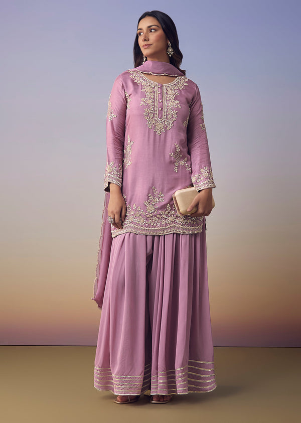 Purple Silk Embroidered Kurta and Palazzo Set