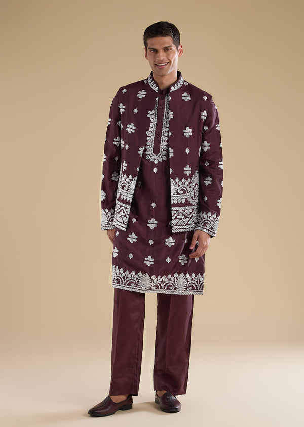 Purple Silk Embroidered Kurta Jacket Set