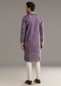 Purple Silk Vine Motif Printed Kurta Set With Thread Work